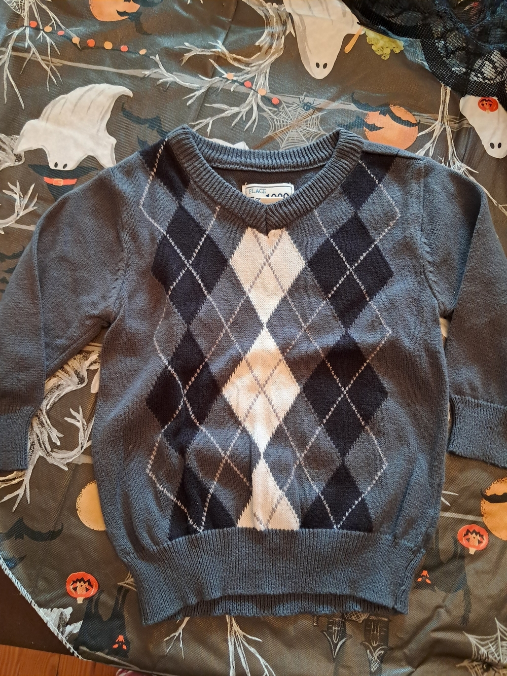 Childrens Place Boys Gray and Navy Argyle V-Neck Sweater